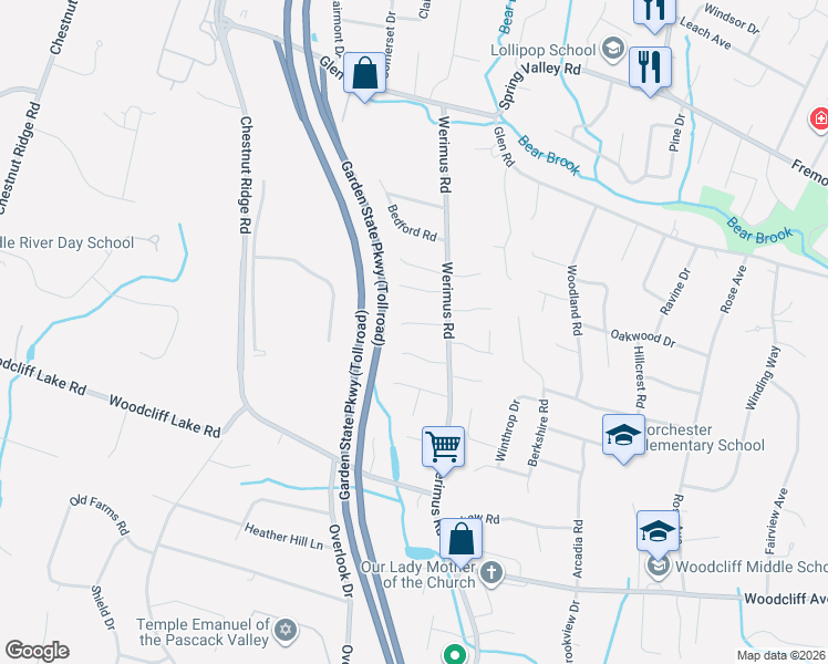 map of restaurants, bars, coffee shops, grocery stores, and more near 229 Werimus Road in Woodcliff Lake