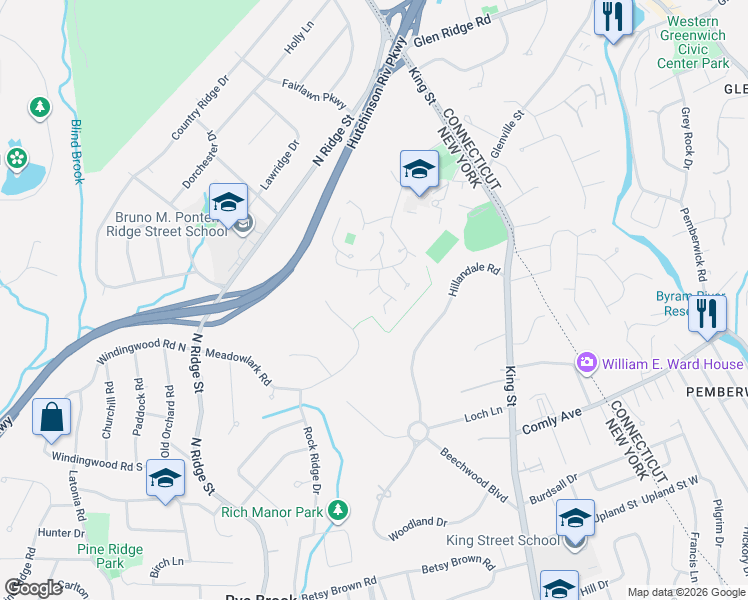map of restaurants, bars, coffee shops, grocery stores, and more near 42 Meadowlark Road in Rye Brook