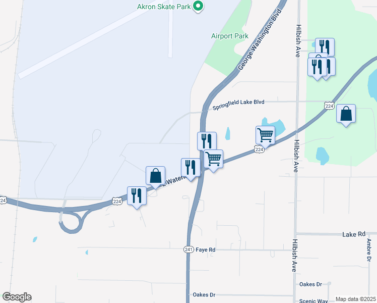 map of restaurants, bars, coffee shops, grocery stores, and more near in Akron