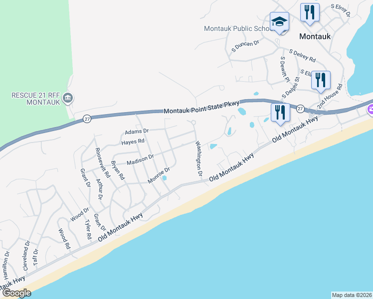 map of restaurants, bars, coffee shops, grocery stores, and more near 128 Madison Drive in Montauk