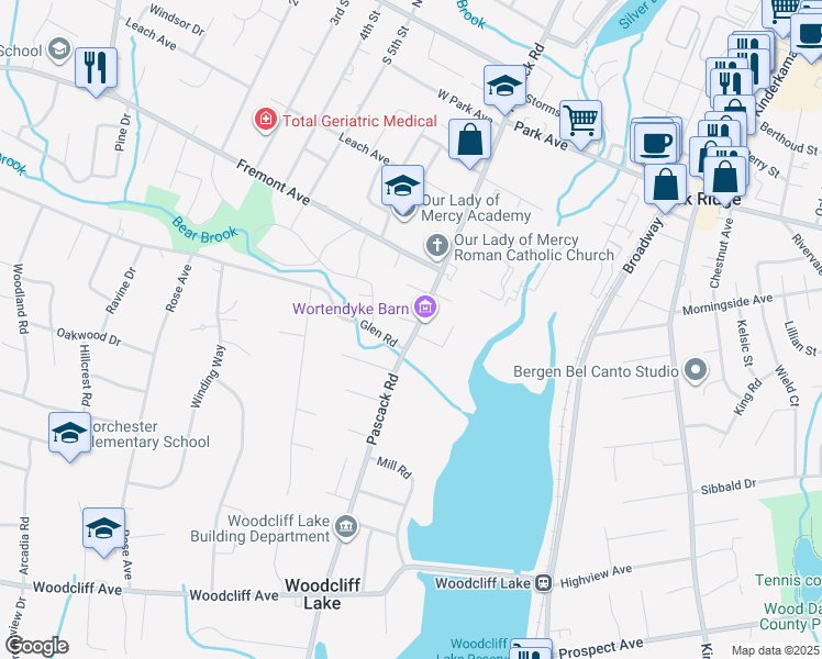 map of restaurants, bars, coffee shops, grocery stores, and more near 12 Pascack Road in Park Ridge