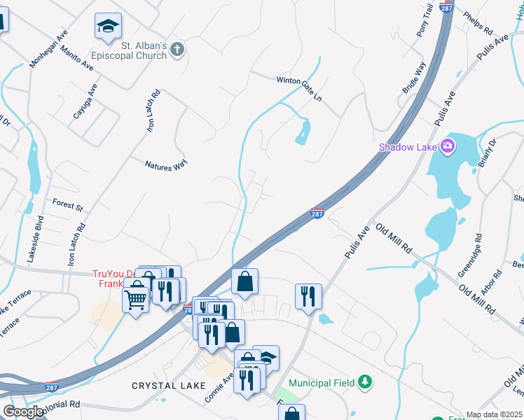 map of restaurants, bars, coffee shops, grocery stores, and more near 391 Wildwood Avenue in Franklin Lakes