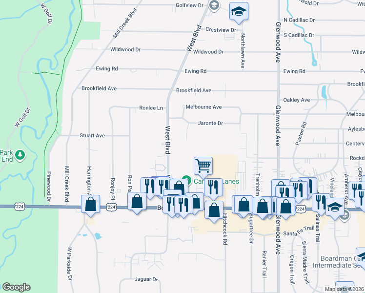 map of restaurants, bars, coffee shops, grocery stores, and more near 6907 West Boulevard in Youngstown