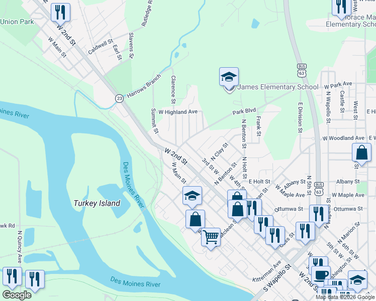 map of restaurants, bars, coffee shops, grocery stores, and more near 1030 Phillips Street in Ottumwa