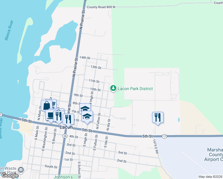 map of restaurants, bars, coffee shops, grocery stores, and more near 820 10th Street in Lacon