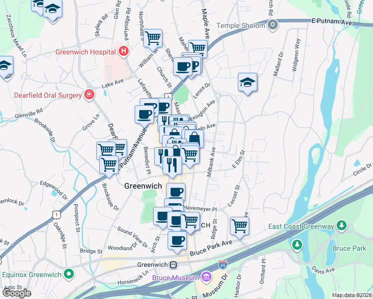 map of restaurants, bars, coffee shops, grocery stores, and more near 124 Mason Street in Greenwich