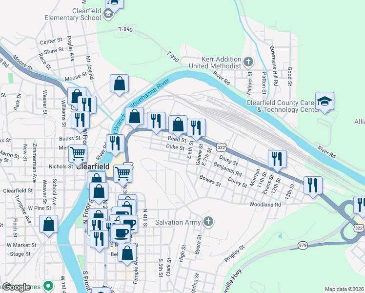 map of restaurants, bars, coffee shops, grocery stores, and more near 503 E 5th St in Clearfield