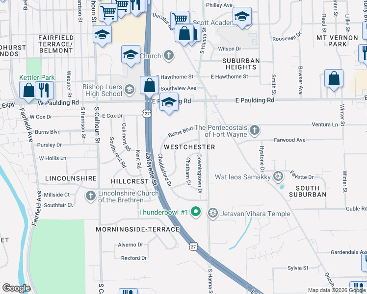 map of restaurants, bars, coffee shops, grocery stores, and more near 6125 Landsdowne Drive in Fort Wayne