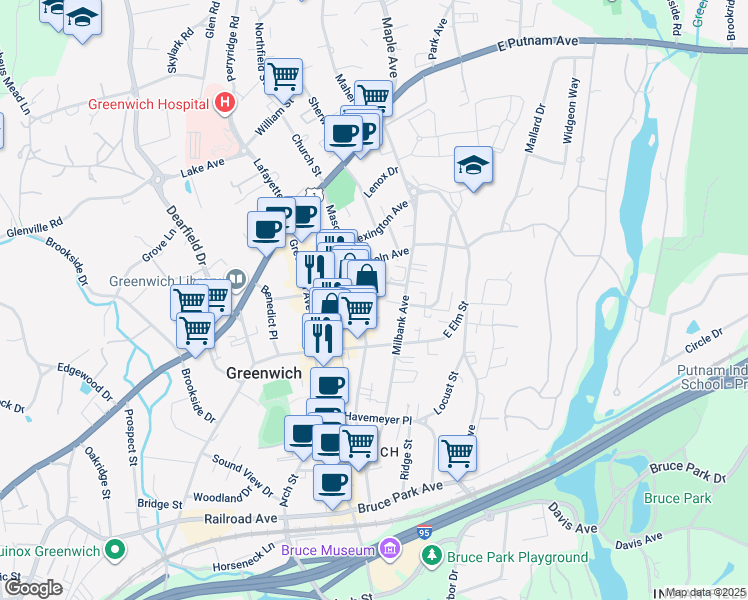 map of restaurants, bars, coffee shops, grocery stores, and more near 198 Milbank Avenue in Greenwich