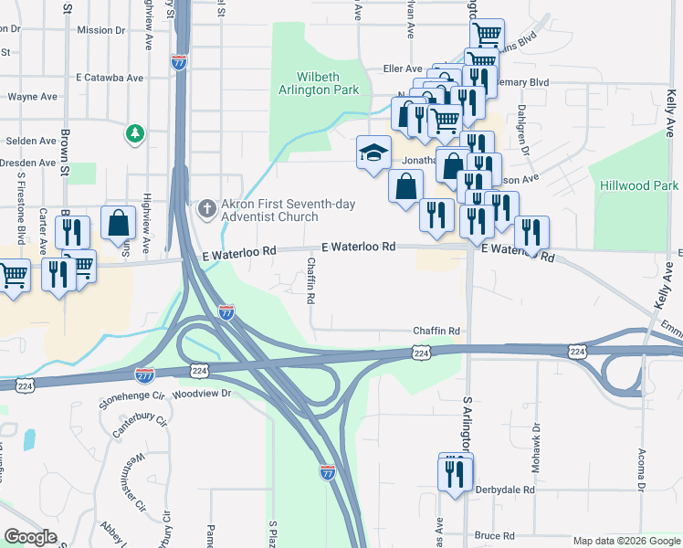 map of restaurants, bars, coffee shops, grocery stores, and more near 1617 Chaffin Road in Akron