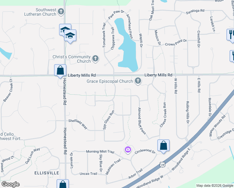 map of restaurants, bars, coffee shops, grocery stores, and more near 6108 Shadow Ridge Pl in Fort Wayne
