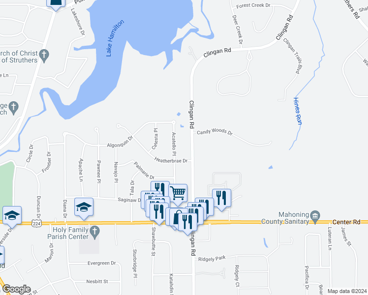 map of restaurants, bars, coffee shops, grocery stores, and more near 6152 Clingan Road in Youngstown