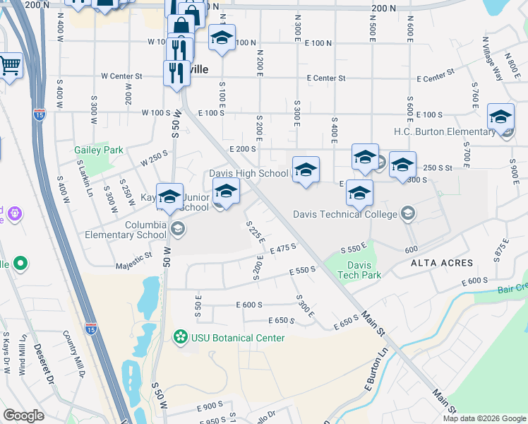 map of restaurants, bars, coffee shops, grocery stores, and more near 400 South Main Street in Kaysville