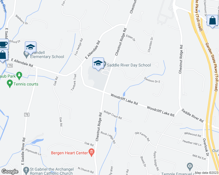 map of restaurants, bars, coffee shops, grocery stores, and more near 136 Chestnut Ridge Road in Saddle River