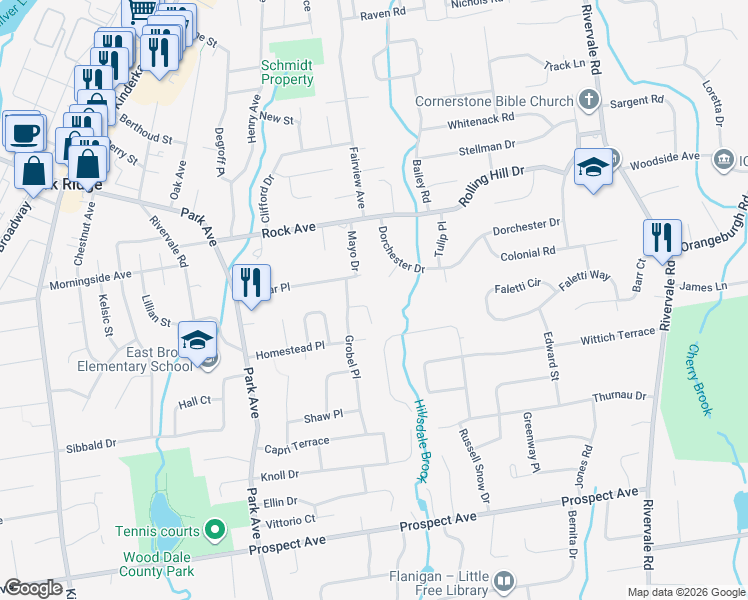 map of restaurants, bars, coffee shops, grocery stores, and more near 2 Saddle Ridge Lane in Park Ridge