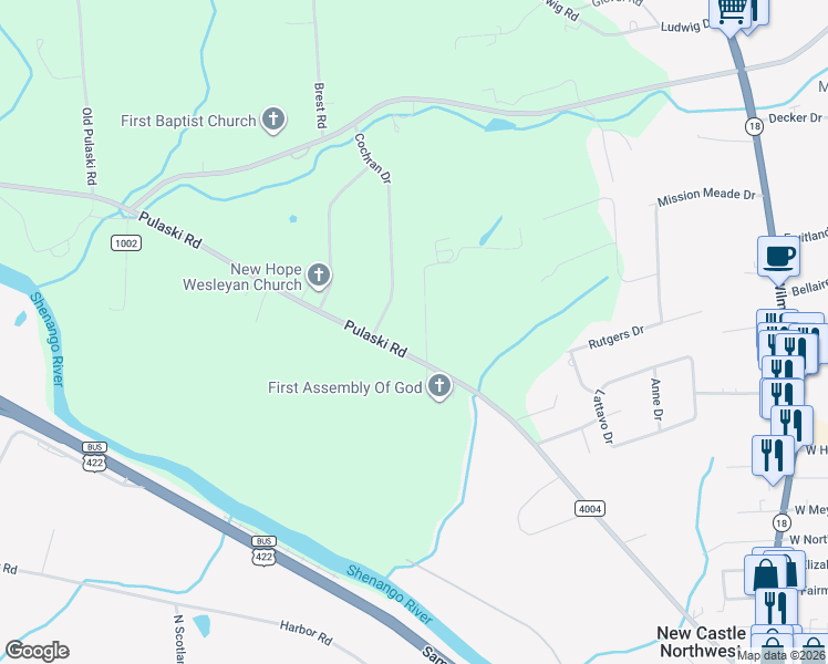 map of restaurants, bars, coffee shops, grocery stores, and more near 2102 Pulaski Road in New Castle