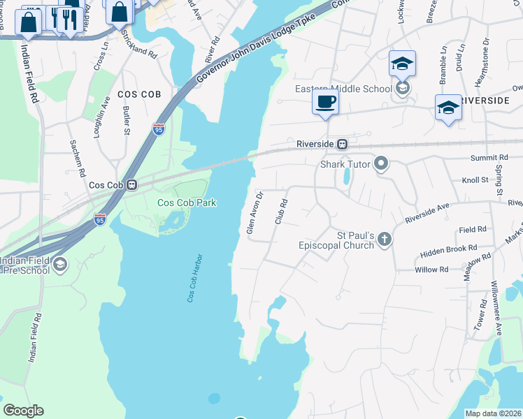 map of restaurants, bars, coffee shops, grocery stores, and more near 41 Club Road in Greenwich