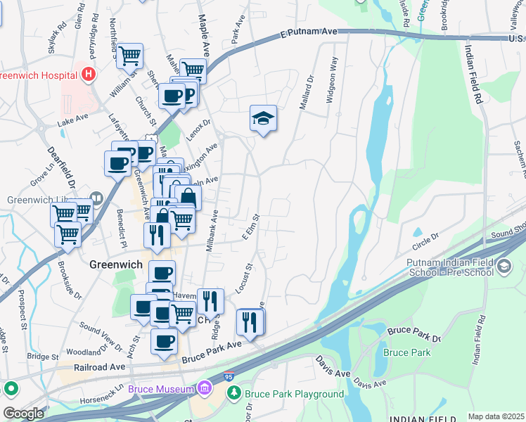 map of restaurants, bars, coffee shops, grocery stores, and more near 65 Le Grande Avenue in Greenwich