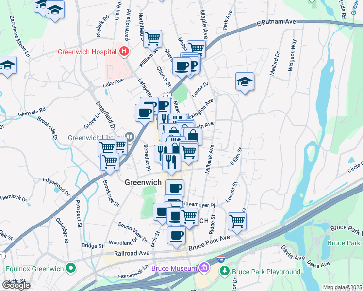 map of restaurants, bars, coffee shops, grocery stores, and more near 124 Mason Street in Greenwich