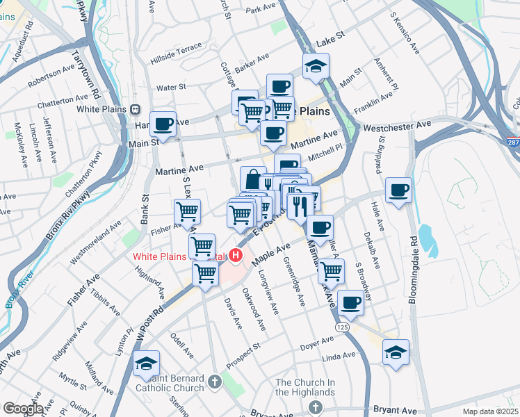 map of restaurants, bars, coffee shops, grocery stores, and more near 105 East Post Road in White Plains