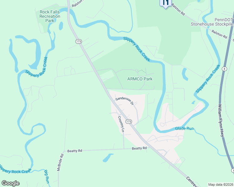 map of restaurants, bars, coffee shops, grocery stores, and more near 114 Sanderson Drive in Slippery Rock