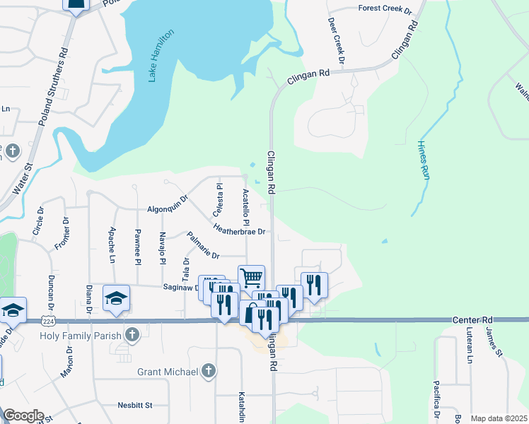 map of restaurants, bars, coffee shops, grocery stores, and more near 3168 Heatherbrae Drive in Youngstown