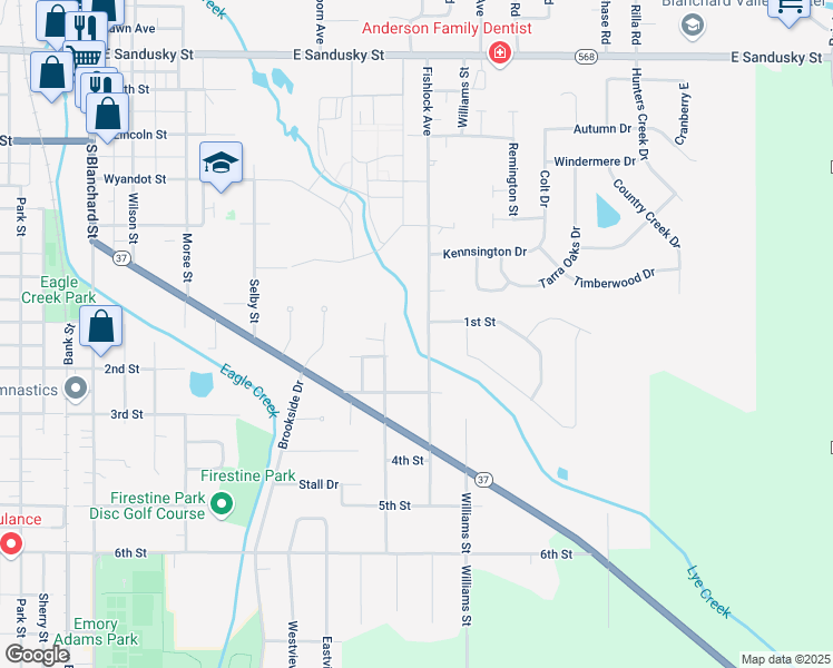 map of restaurants, bars, coffee shops, grocery stores, and more near 1115 Fishlock Avenue in Findlay