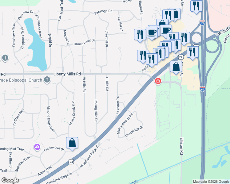 map of restaurants, bars, coffee shops, grocery stores, and more near 6022 Rosedale Drive in Fort Wayne