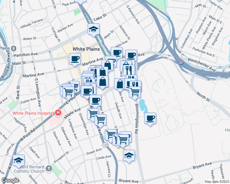 map of restaurants, bars, coffee shops, grocery stores, and more near 10 Dekalb Avenue in White Plains