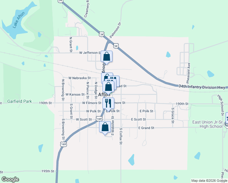 map of restaurants, bars, coffee shops, grocery stores, and more near 198 N Colfax St in Afton