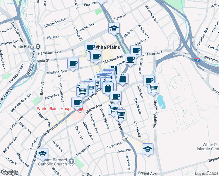 map of restaurants, bars, coffee shops, grocery stores, and more near 34 Maple Avenue in White Plains