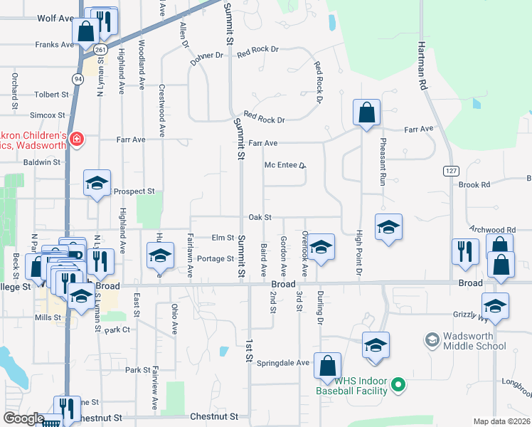map of restaurants, bars, coffee shops, grocery stores, and more near 424 Oak Street in Wadsworth