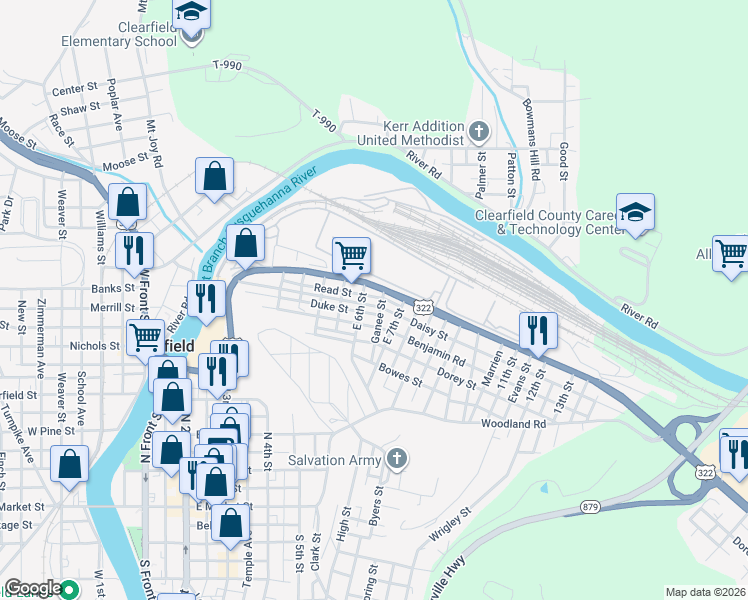 map of restaurants, bars, coffee shops, grocery stores, and more near 562 Bigler Avenue in Clearfield