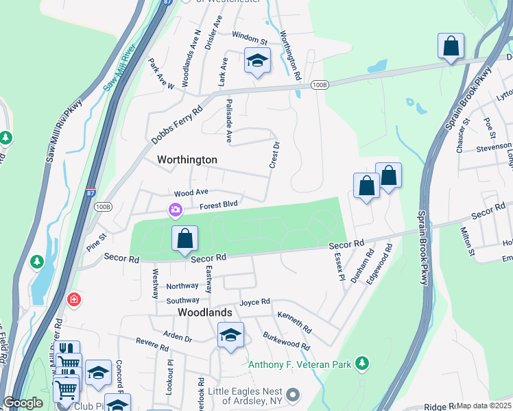 map of restaurants, bars, coffee shops, grocery stores, and more near 36 Crest Drive in White Plains