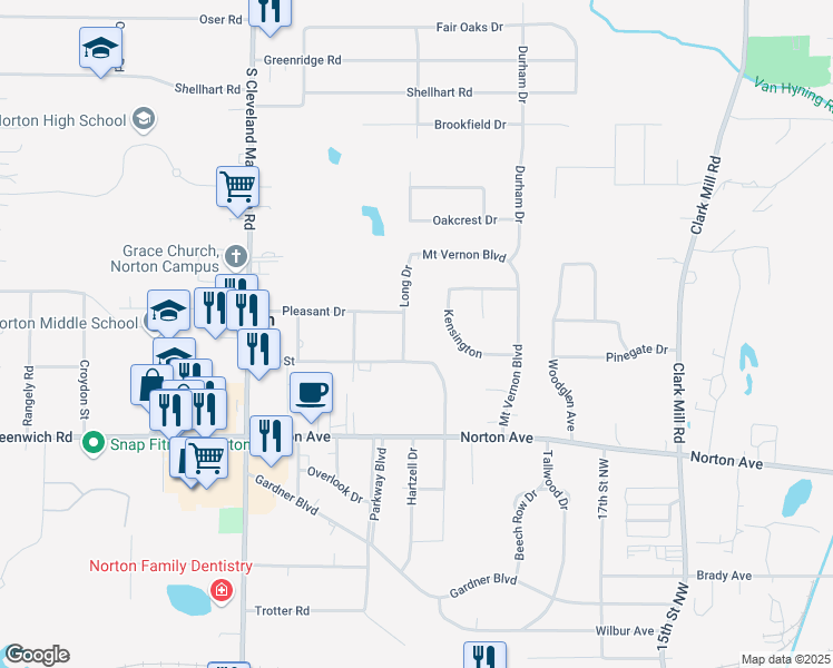 map of restaurants, bars, coffee shops, grocery stores, and more near 3859 Long Drive in Norton