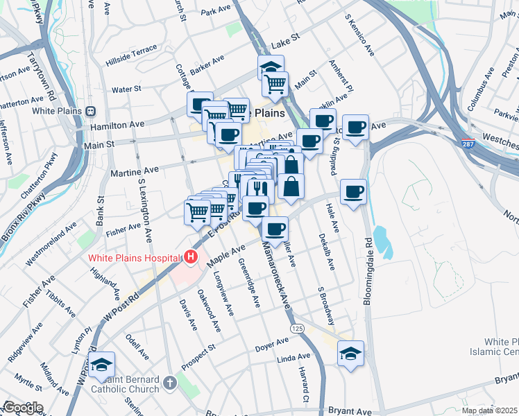 map of restaurants, bars, coffee shops, grocery stores, and more near 161 Mamaroneck Avenue in White Plains