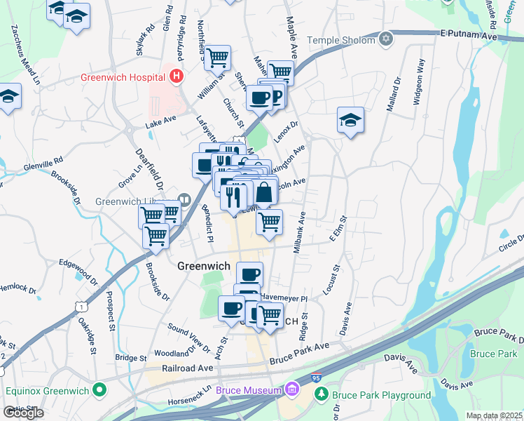 map of restaurants, bars, coffee shops, grocery stores, and more near 3 Lincoln Avenue in Greenwich