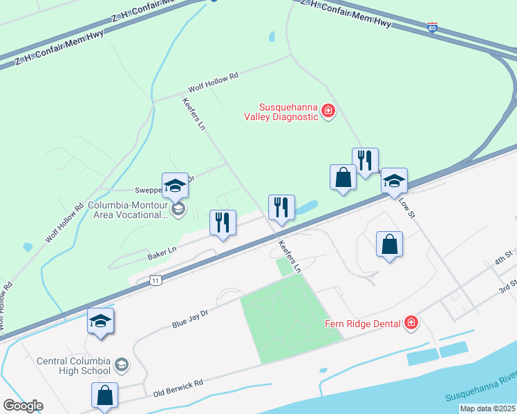 map of restaurants, bars, coffee shops, grocery stores, and more near 6812 Keefers Ln in Bloomsburg