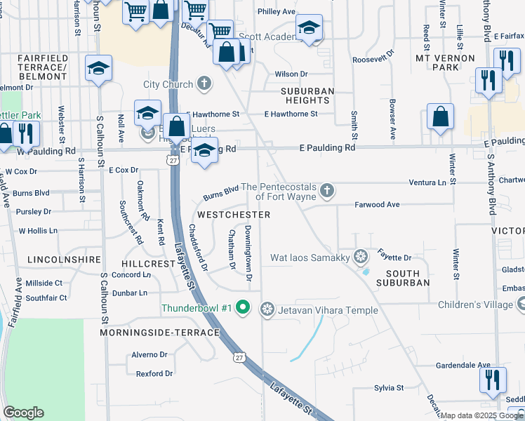 map of restaurants, bars, coffee shops, grocery stores, and more near 6025 South Hanna Street in Fort Wayne