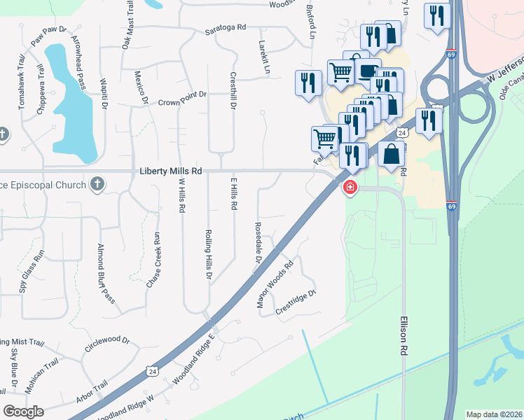 map of restaurants, bars, coffee shops, grocery stores, and more near 5904-5914 Rosedale Dr in Fort Wayne