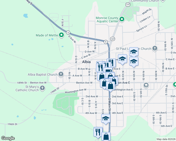 map of restaurants, bars, coffee shops, grocery stores, and more near in Albia