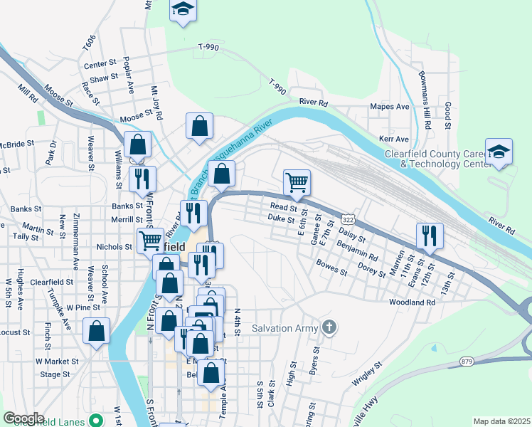 map of restaurants, bars, coffee shops, grocery stores, and more near 415 Daisy Street in Clearfield