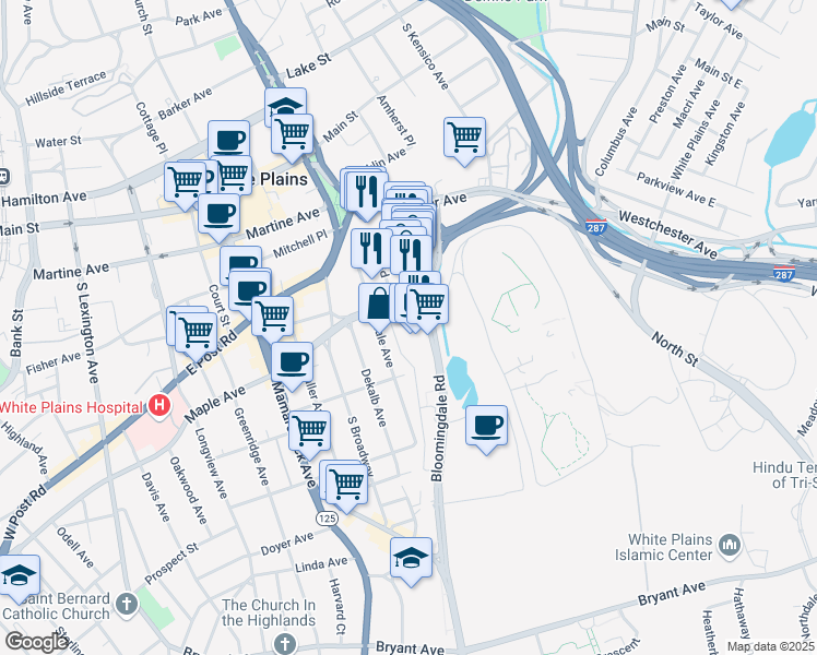 map of restaurants, bars, coffee shops, grocery stores, and more near 100 Bloomingdale Road in White Plains