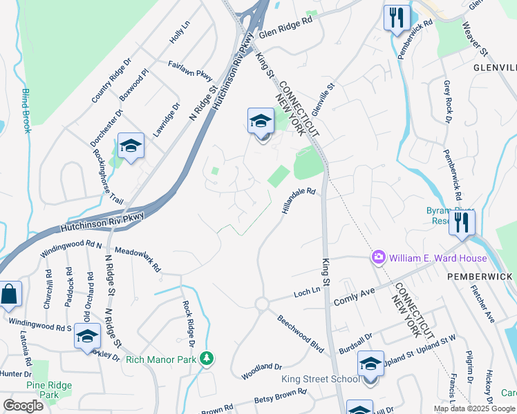 map of restaurants, bars, coffee shops, grocery stores, and more near 11 Bayberry Lane in Rye Brook