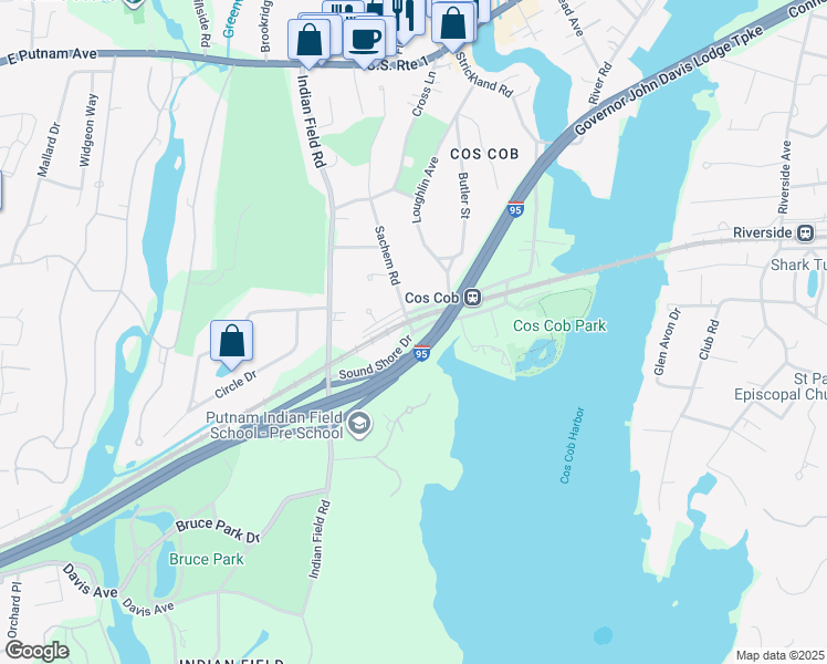 map of restaurants, bars, coffee shops, grocery stores, and more near Sound Shore Drive in Greenwich