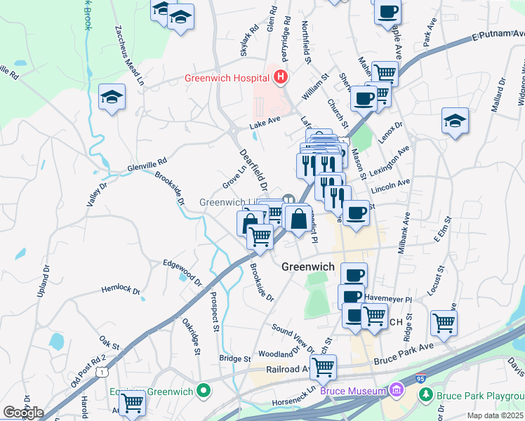 map of restaurants, bars, coffee shops, grocery stores, and more near 8 Dearfield Lane in Greenwich
