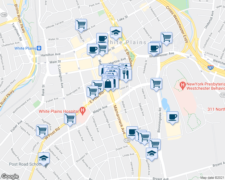 map of restaurants, bars, coffee shops, grocery stores, and more near 5 Waller Avenue in White Plains