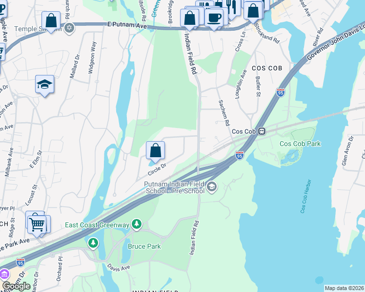 map of restaurants, bars, coffee shops, grocery stores, and more near 1 Circle Drive in Greenwich
