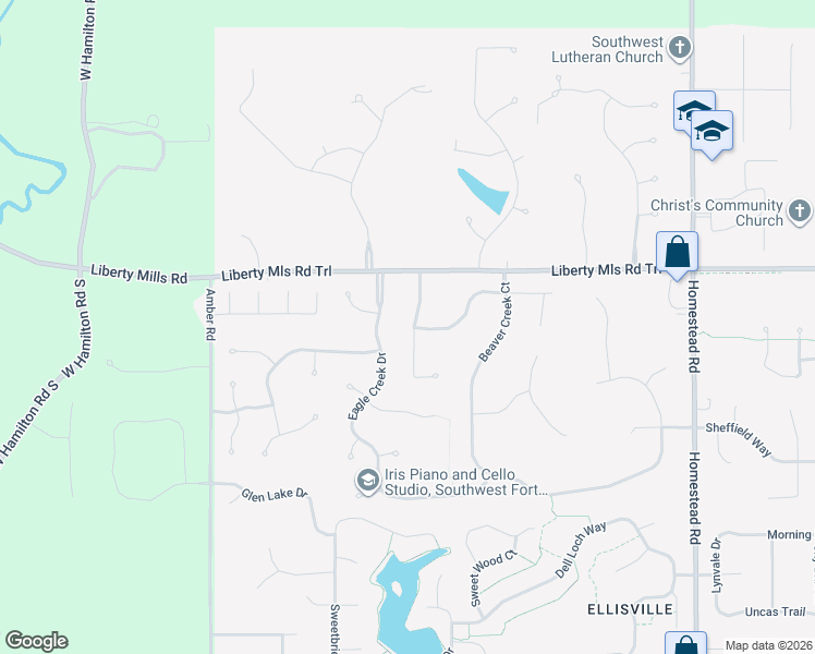 map of restaurants, bars, coffee shops, grocery stores, and more near 5825 Eagle Creek Drive in Fort Wayne