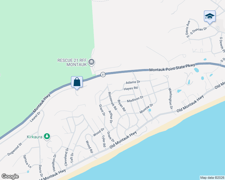 map of restaurants, bars, coffee shops, grocery stores, and more near 186 Laurel Drive in Montauk